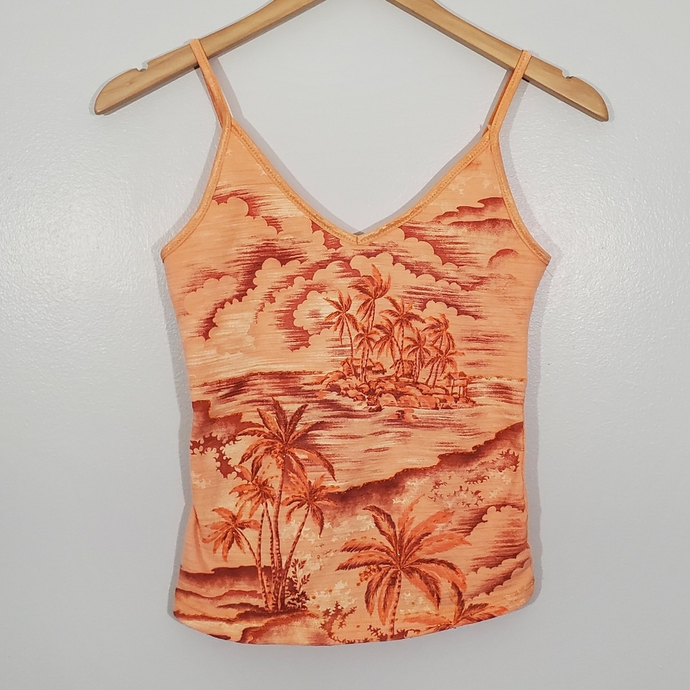Orange stretchy tank top beach scene size medium